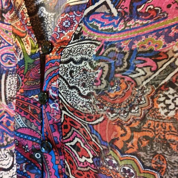 Chico's 100% Silk Paisley Popover Blouse Semi Sheer Floral Silky Trim Women's M - Picture 5 of 7